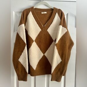Dark Tan and Cream Argyle Ladies Sweater